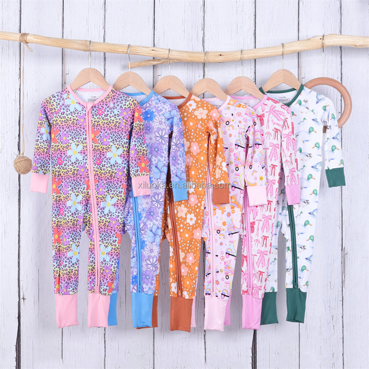 Custom Solid Bamboo Two Way Zipper Baby Long Sleeve Romper Footie Pajamas Baby Clothes New Born Baby Pajamas