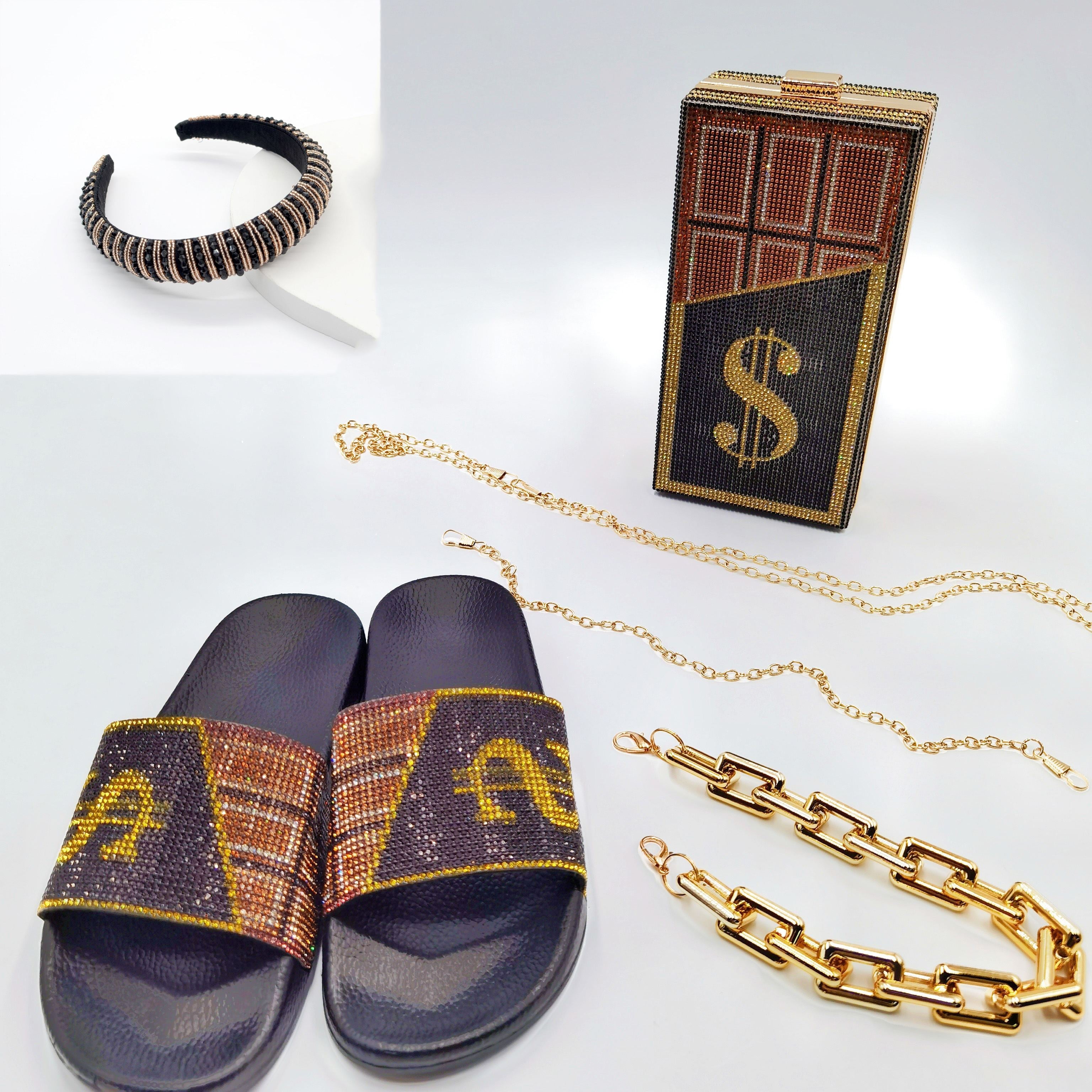 fanlosn trending best selling rhinestone dollar purse women bag and sneakers set slippers bling headband