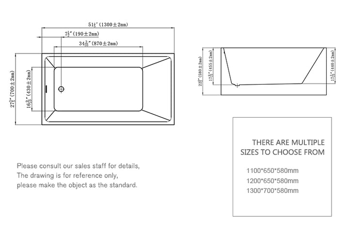 1100/1200/1300mm Small Freestanding Bathtub Acrylic Soaking Square with Chrome Drain Pipe CUPC Certified
