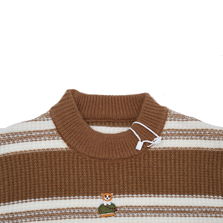 High Quality Warm Striped Baby Boy Sweaters with Bear Embroidery for Fall or Winter