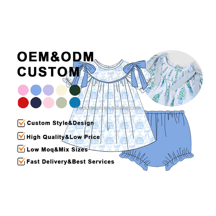 Custom Smocked Pumpkin Kids Girl Sets Smocked Toddler Girl Clothes Custom Smocked Clothes with Low Moq