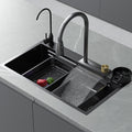 Modern Black Single Bowl Stainless Steel Multifunctional Workstation Waterfall Kitchen Sink With Cup Washer