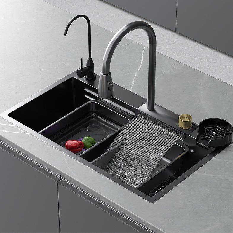 Modern Black Single Bowl Stainless Steel Multifunctional Workstation Waterfall Kitchen Sink With Cup Washer