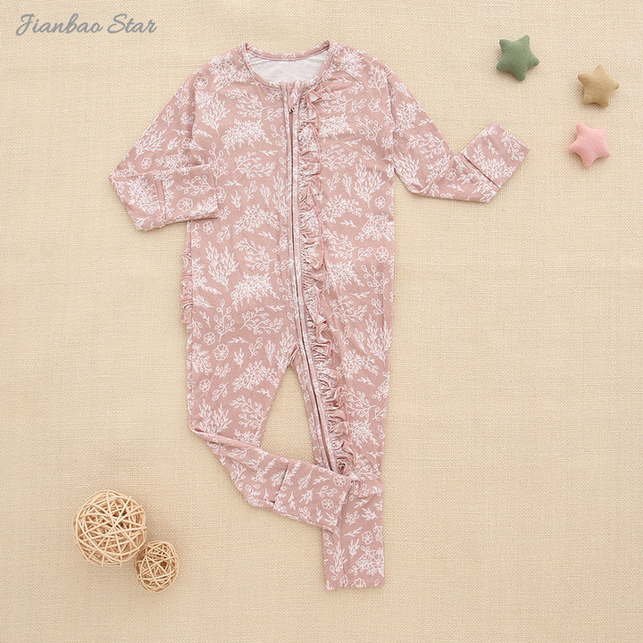 New Soft Baby Clothing Baby Boys Girls Jumpsuit Bamboo Viscose Spandex Custom Printed Sleepsuit Baby Ruffle Zipper Romper