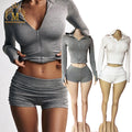 New Arrivals Women Outfits Ribbed Hooded Crop Jacket+Shorts 2 Piece Lady Y2k Two Piece Hooded Shorts Set Fall Women Clothing