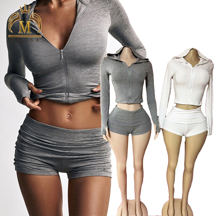 New Arrivals Women Outfits Ribbed Hooded Crop Jacket+Shorts 2 Piece Lady Y2k Two Piece Hooded Shorts Set Fall Women Clothing