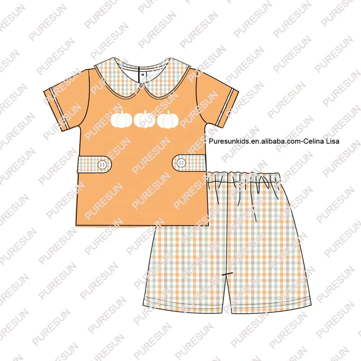 2024 Customized High Quality Fall Kids Clothes Peter Pan Collar Baby Girl Outfits Fall Pumpkin Girls Sibling Set