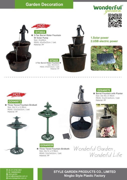 2021 Hot Home Garten jardin Garden Outdoor Solar Pump 2 Tiers Rustic Barrel Water Fountain