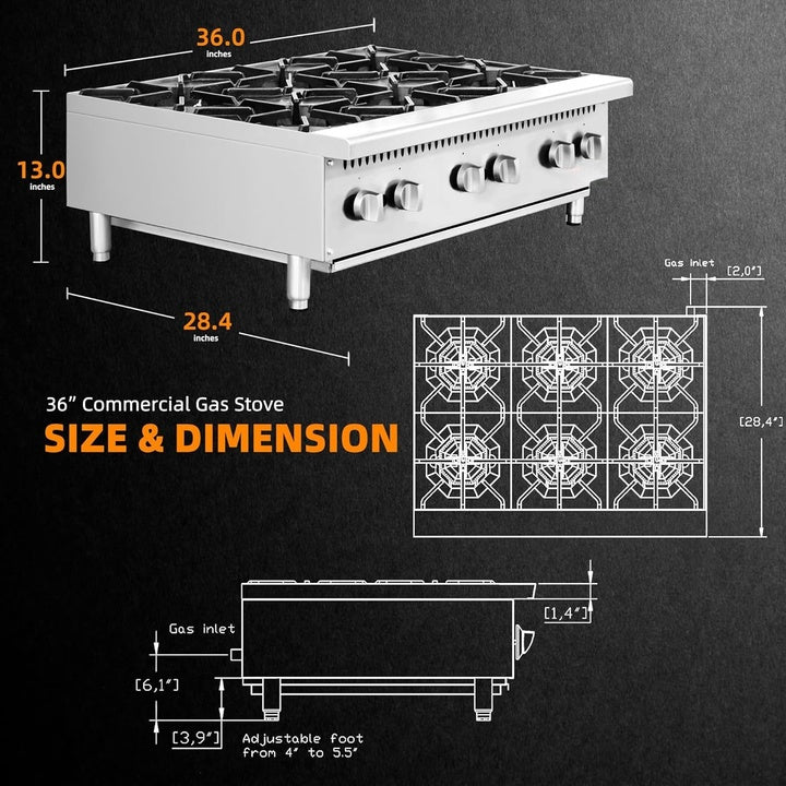 6 Burner Commercial Hot Plate 36" Countertop Gas Stove Stainless Steel Natural Gas Propane Conversion Kit Restaurant Kitchen