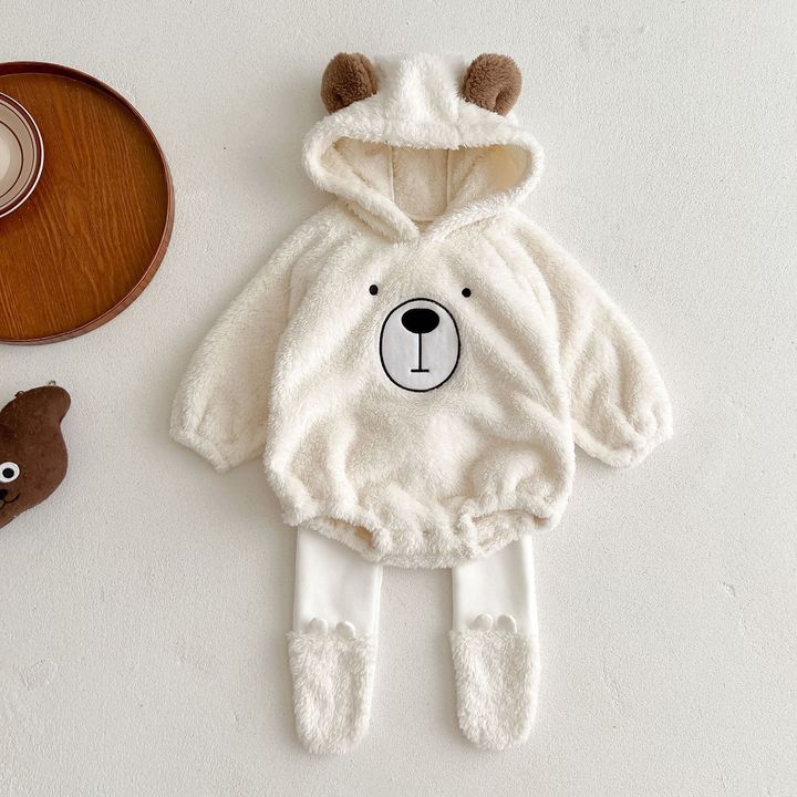 Ins Autumn Winter Newborn Toddler Bear Long Sleeve Thick Hooded Romper Outfits Baby Bodysuit