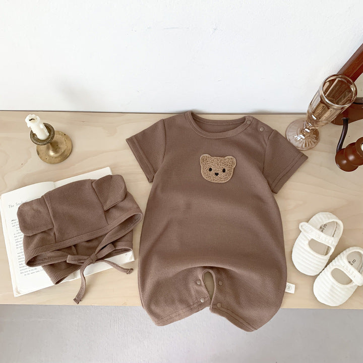 Cute Bear Waffle Newborn Baby Rompers Butt Wrap Baby Summer Rompers Short Sleeve Baby Clothes Set with Hat for Boys Girls