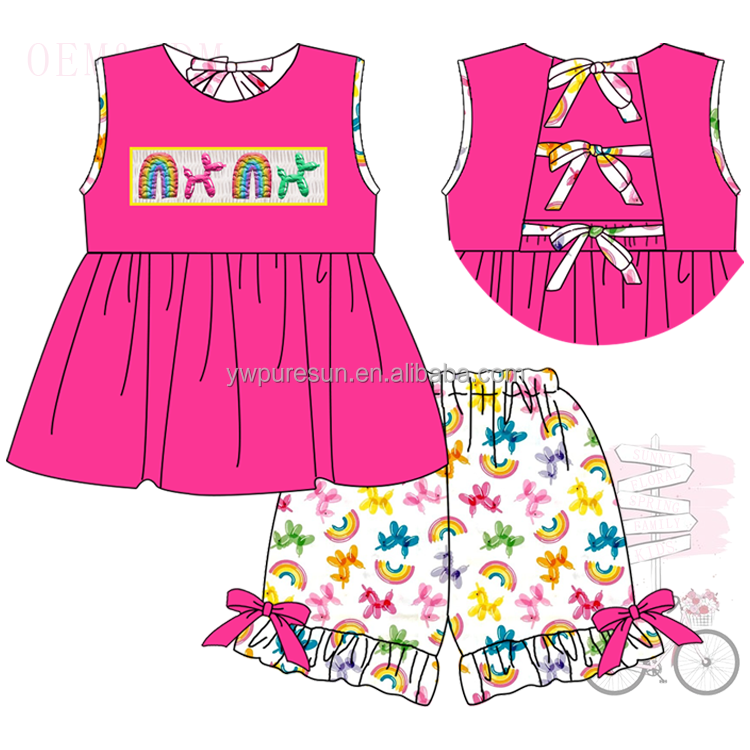 Summer hot sale balloon designs smocked French Knot printing knitted siblings set kids wear children clothing