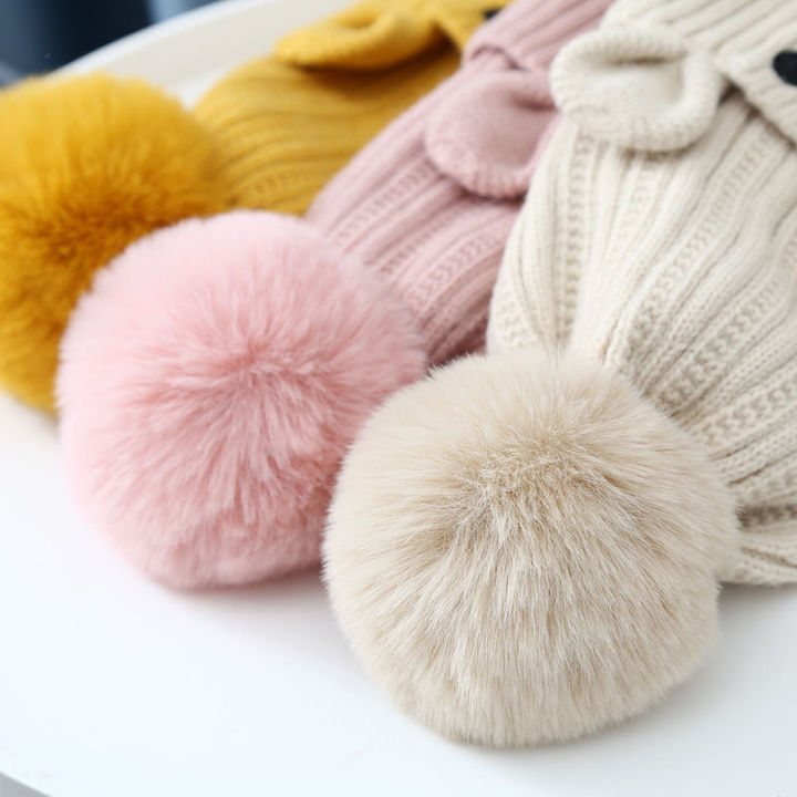 Best Sell Wholesale Winter Warm Little Bear Children's Acrylic Knitted Jacquard Hat Scarf With Fur Pom Pom for Children