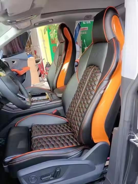 Premium Electric Car Seats - Black Orange Leather Honeycomb Stitching Ergonomic Support Interior Upgrade Comfort
