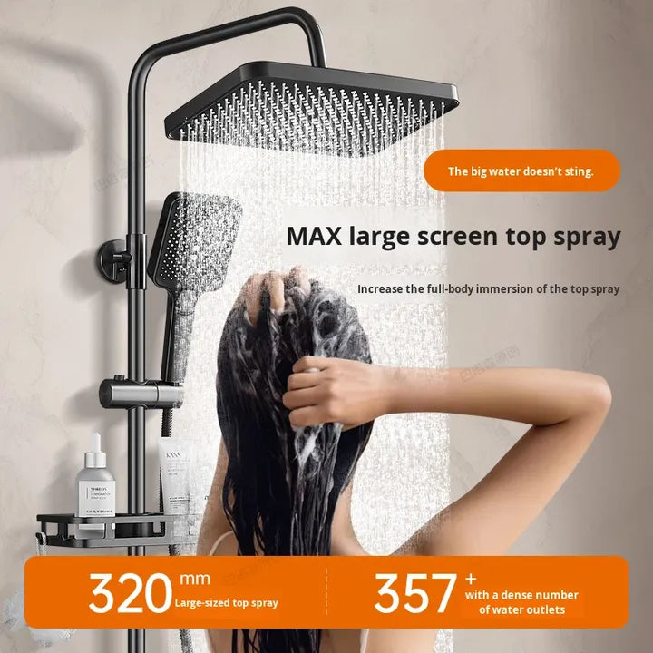 Black Brass Bath Shower Faucets with 4-Function Rainfall Shower Head Cold and Hot Mixer Ceramic Valve Core Rain Spray Pattern