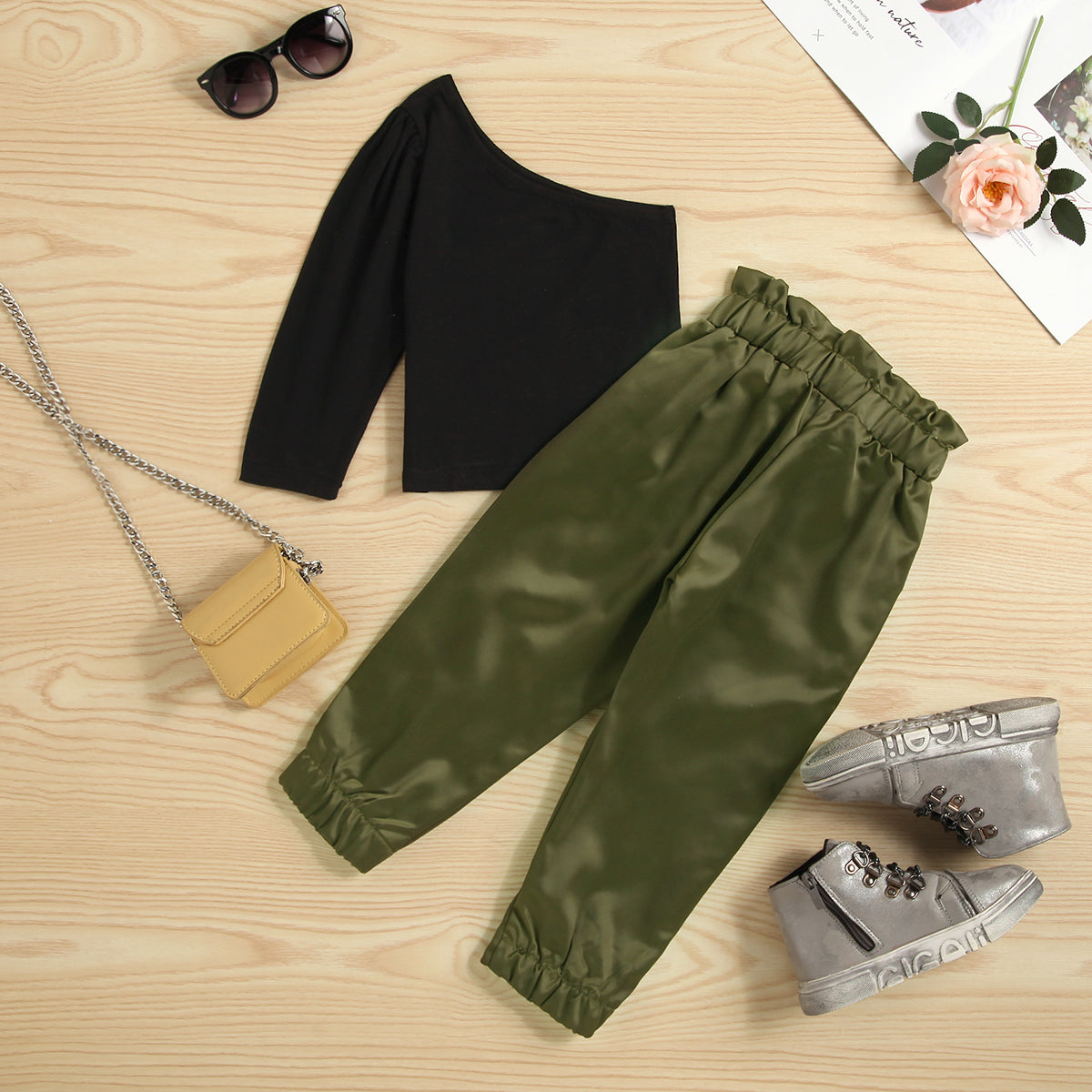 Conyson 2pcs Fashion Autumn Kids Girls Clothes Sets Long Sleeve One Shoulder Solid Tops Elastic Pants Outfits Kids Clothing