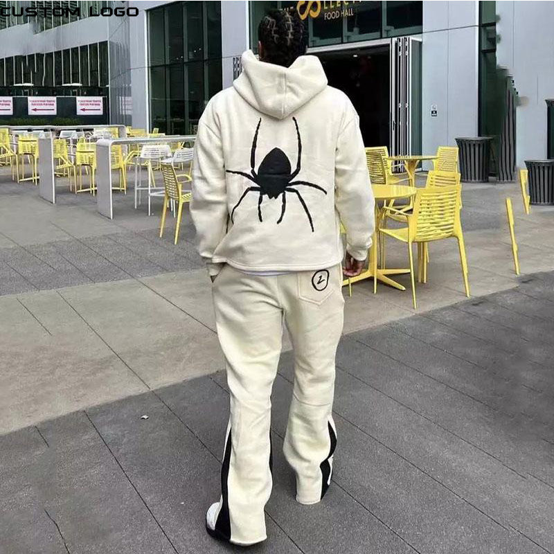 OEM Cotton Print Cut Raw Hem Edge Hoodie Patchwork Pant Men Tracksuit Heavyweight Stacked Flared Mens Two Pieces Jogger Sets