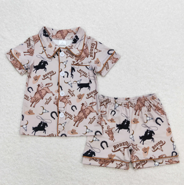 Wholesale Summer Infant Baby Boys Pajama Sets Western Print Designs Button up Short Sleeves Shirt Elastic Shorts Outfit 0-16Y