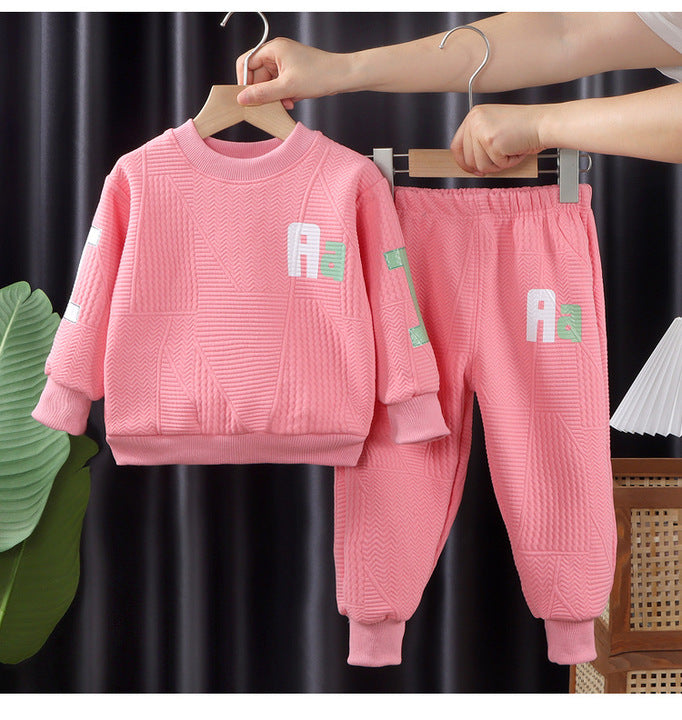 Wholesale Cheap Two-piece Autumn Winter New Round Neck Long Sleeves Kids Boys and Girls Sweatshirt Sweatpants Clothes Set