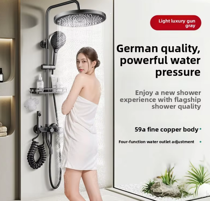 Black Brass Bath Shower Faucets with 4-Function Rainfall Shower Head Cold and Hot Mixer Ceramic Valve Core Rain Spray Pattern