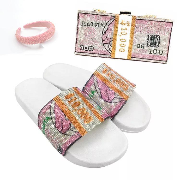 fanlosn trending best selling rhinestone dollar purse women bag and sneakers set slippers bling headband