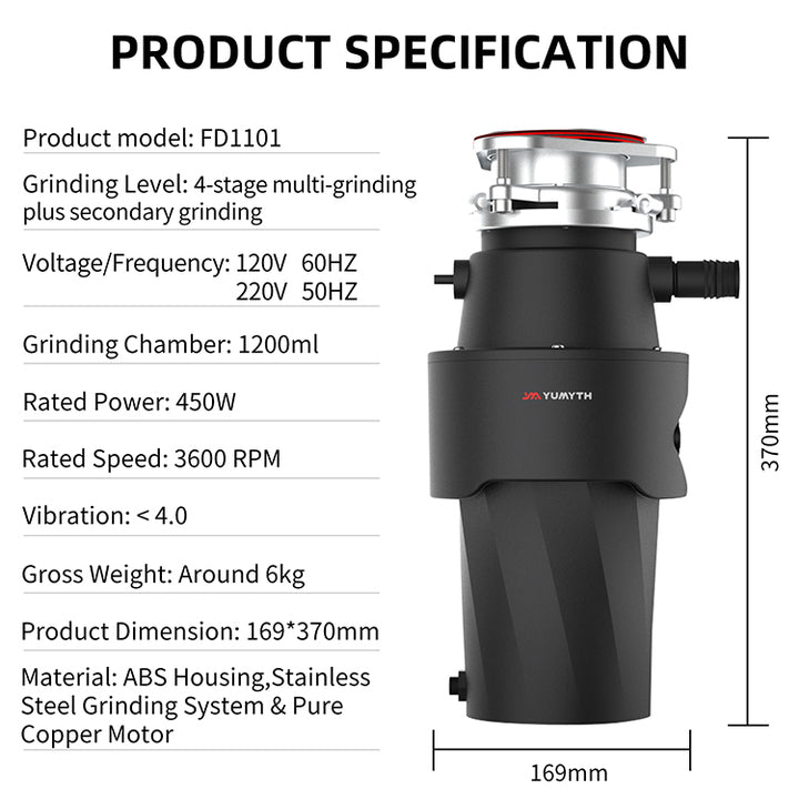 Garbage Disposal 1/2 HP Continuous Feed Food Waste Disposer with Stainless Steel Grinding System