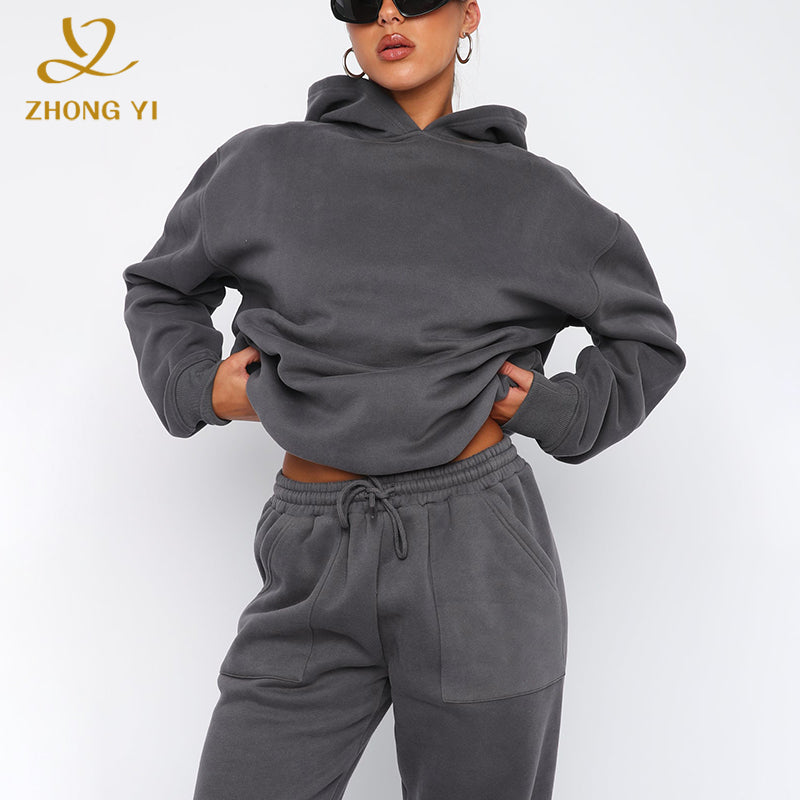 Custom Winter Women Fitness Clothing 2 Piece Mesh Cotton High Quality Long Sleeve Baggy Casual Stringless Pullover Hoodies Set