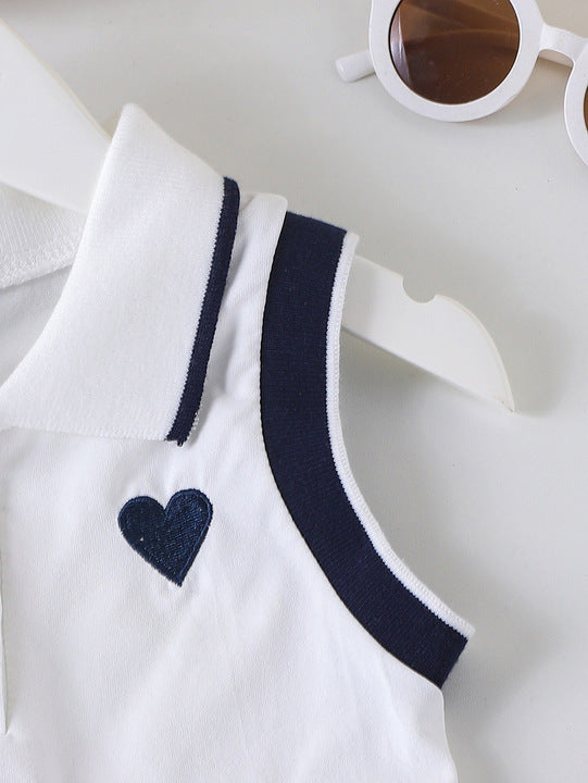 Cheap Price Children Clothes Explosive Model Casual Children Girls' Sleeveless Polo T-shirt & Blue Pleated Skirt 2 Pieces