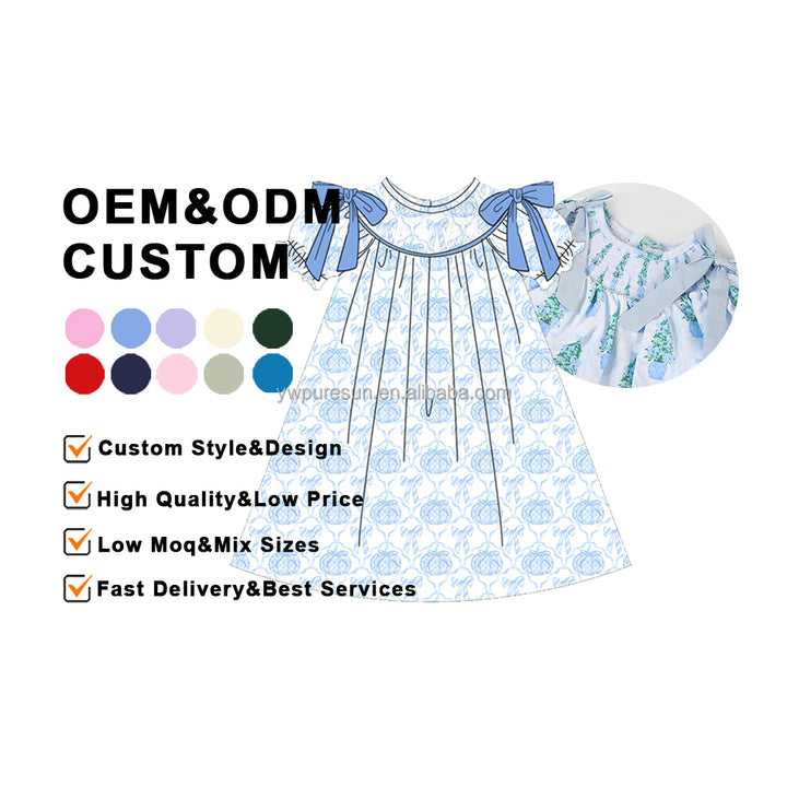 Custom Smocked Pumpkin Kids Girl Sets Smocked Toddler Girl Clothes Custom Smocked Clothes with Low Moq