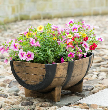 Style Garden Classic Home Garden Half Barrel Flower Pot Planter Antique Bronze Durable Plastic Painting Finish 41x30x18.5cm