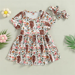 1Pcs Custom Logo RTS  Toddler Short Sleeve Cow Floral Print Girls Kids Dress