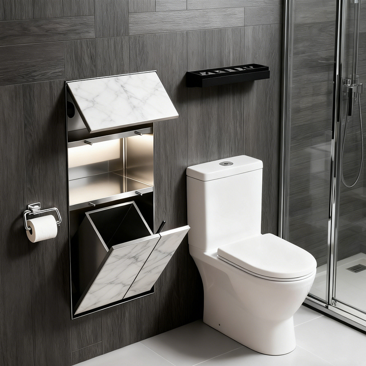 Multi-Functional Hidden Modern Corner Stainless Steel All-in-one Toilet Paper Toilet Brush Holder Trash Can Wall Recessed Niche