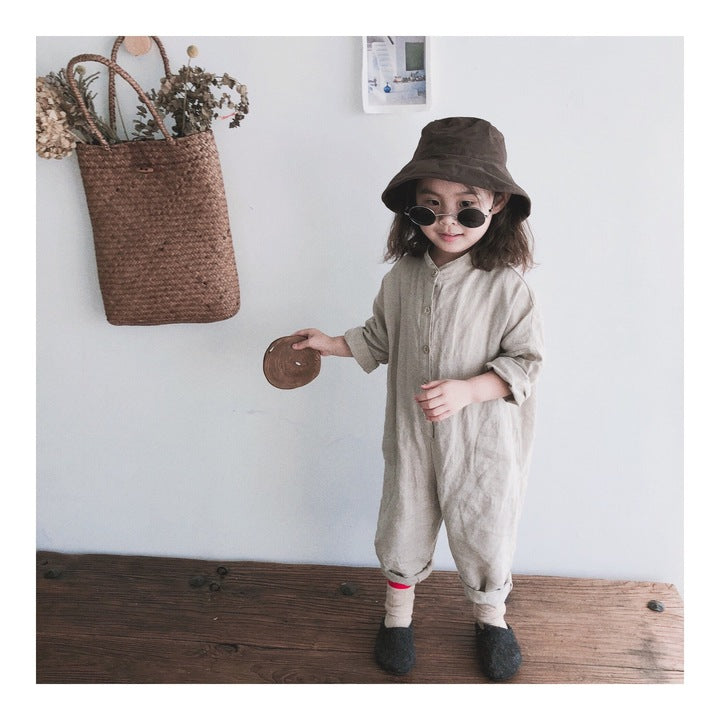 Fall Unisex Solid Color Casual Woven Linen Button Long Sleeve Baby Romper Jumpsuit