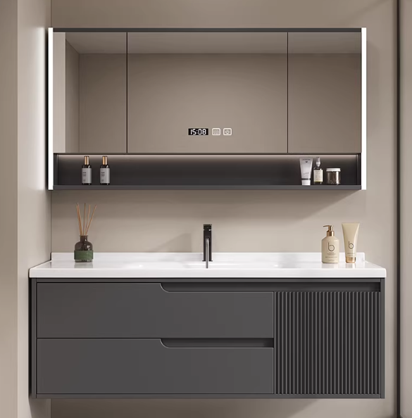 Modern Bathroom Vanity Cabinet with LED Touch Illuminate Mirror Wall-Mounted Ceramic Basin Eco-Friendly Apartment & Kitchen Use
