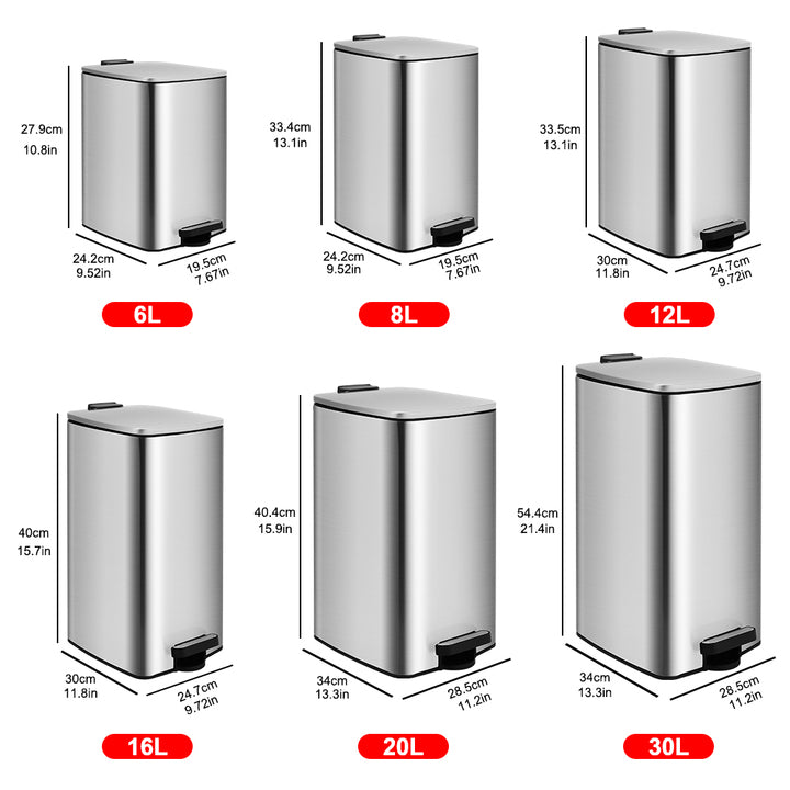 Square Design 6L - 30L Capacity Soft Drop Lid Trash Can Foot Pedal Operated Stainless Steel Bin Sliver Black White Bin