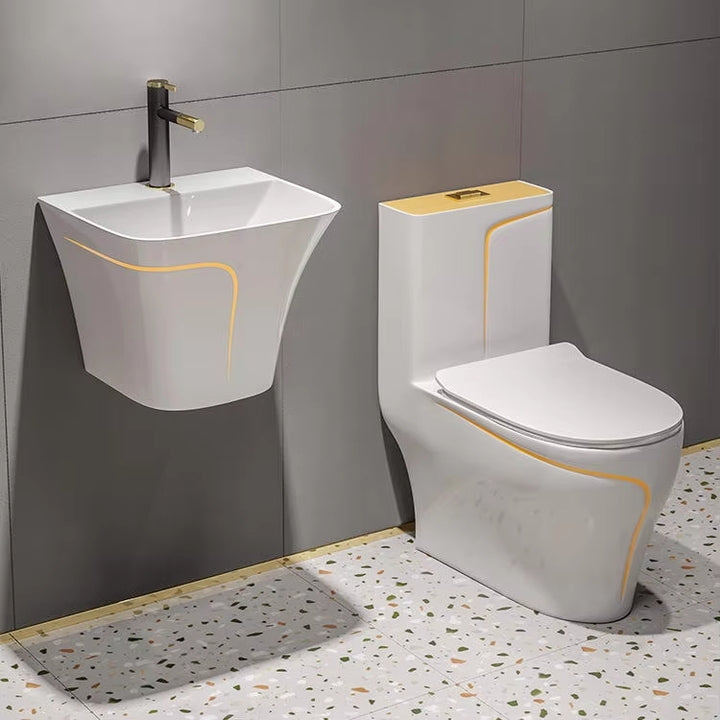 Ceramic Siphonic Elongated Toilet Set Floor Mounted Bathroom WC With Round Bowl for Home Hotel Colorful Modern Black One-Piece