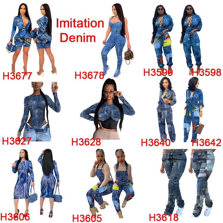 h3618 winter hot selling casual denim printing pocket patchwork drawstring waist stacked long pants