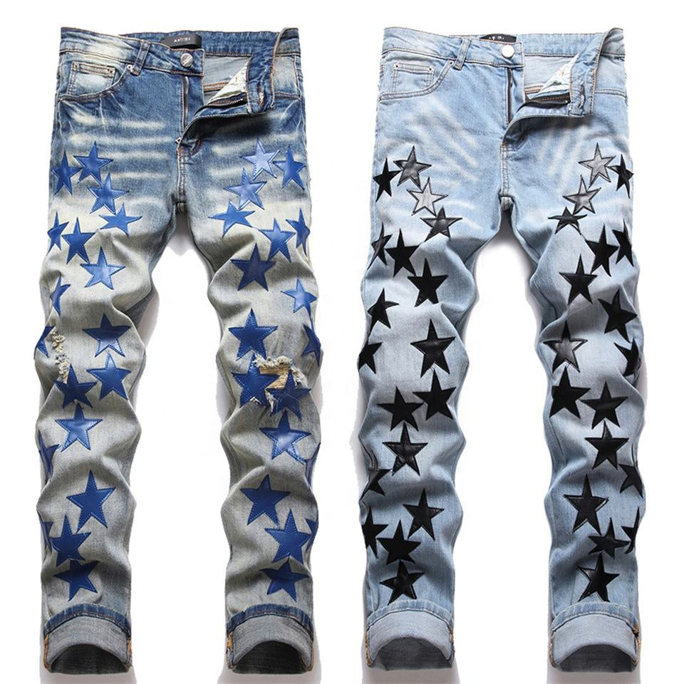 3323 New trendy 2023 y2k clothing denim jeans pants for men vintage blue star patches jeans men custom stacked ripped jeans