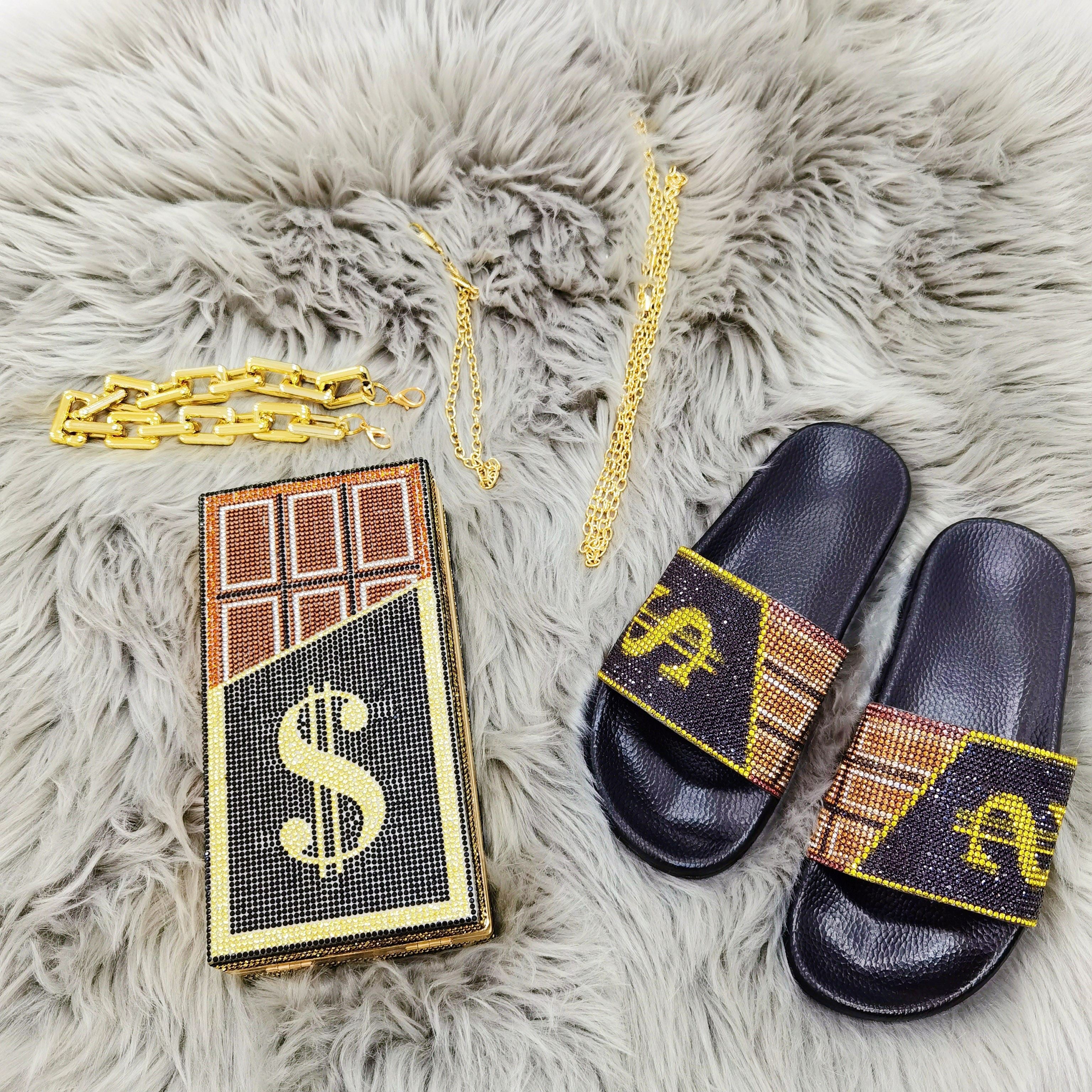 fanlosn trending best selling rhinestone dollar purse women bag and sneakers set slippers bling headband