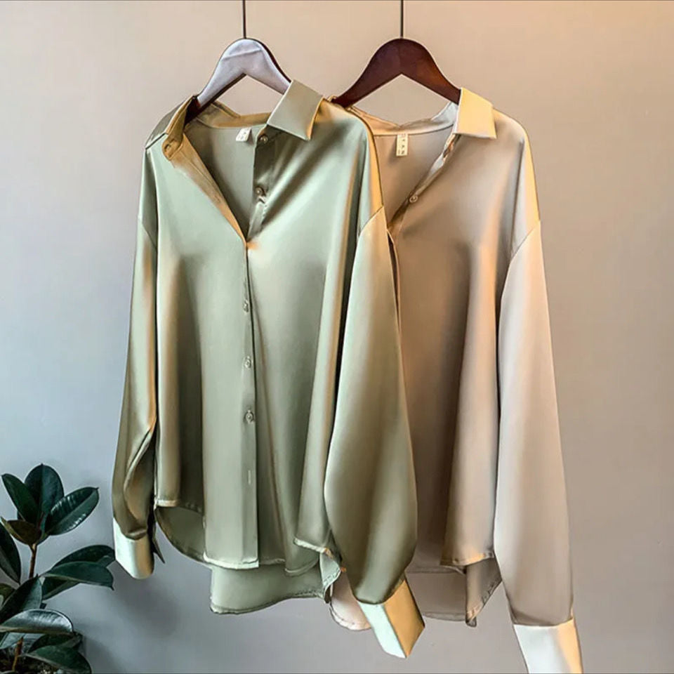 Breathable Solid Silk Women Blouse Ladies Long Sleeve Satin Shirts V Neck Office White Blouse Shirt Women Tops