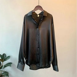 Wholesale Autumn Spring Korea straight retro design women stain shirt solid color long sleeve causal lady's tops blouse shirt