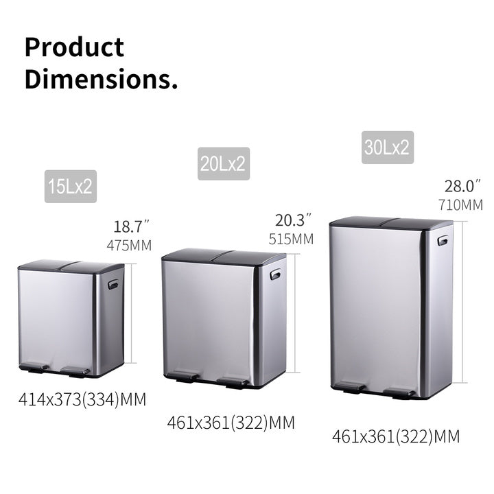 40L Rectangular Hands-Free Dual Compartment Recycling Kitchen Step Trash Can With Soft-Close Lid Brushed Stainless Steel