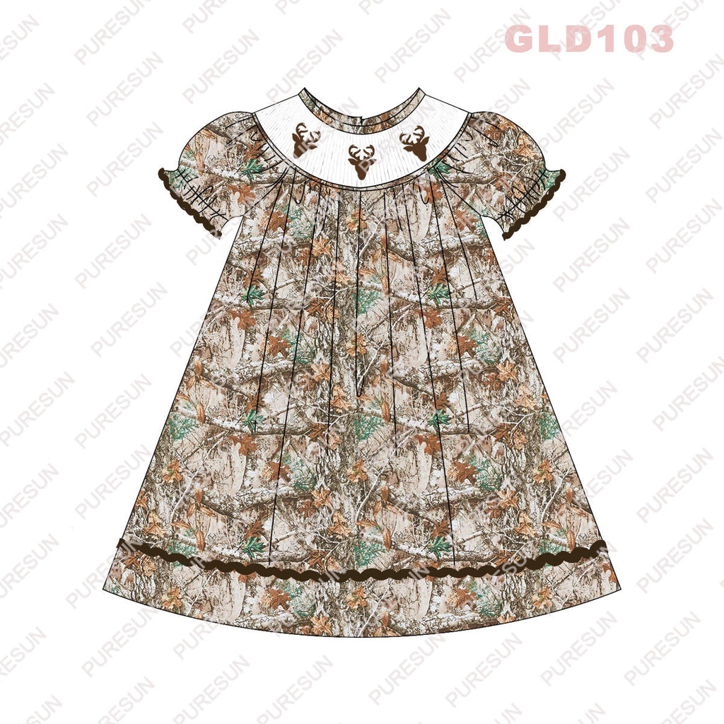 Puresun custom designs smocked baby dresses hunting deer smocked kids wear little girl boutique outfits clothing fall set