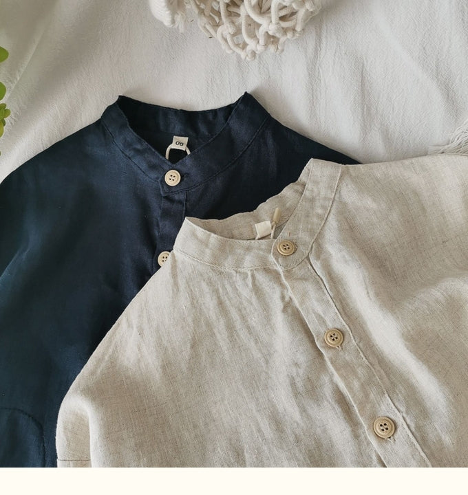 Fall Unisex Solid Color Casual Woven Linen Button Long Sleeve Baby Romper Jumpsuit