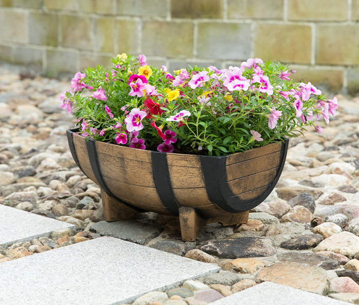 Style Garden Classic Home Garden Half Barrel Flower Pot Planter Antique Bronze Durable Plastic Painting Finish 41x30x18.5cm