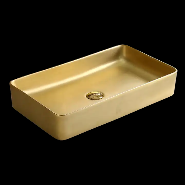 Modern Luxury Ceramic Glazed Hotel Use Commercial Grade Bathroom Hand Wash Basin Gold Trim Easy Clean Countertop Mounted Sink