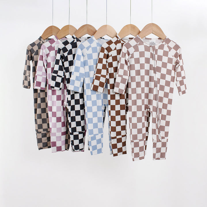 OEM ODM Bamboo YKK Zipper Pajamas Toddler Boy Girl Square Print Clothing Newborn Baby Bamboo Fabric Clothes Sleeper