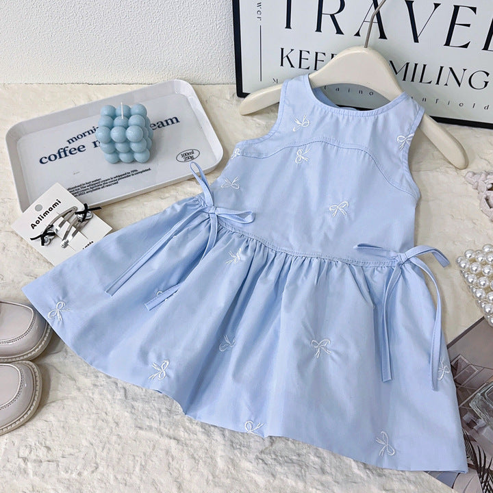 2025 Summer Girls Baby Dresses New Baby Girl Sleeveless Tank Top Bow Embroidered O-Neck Collar Solid Children Skirts