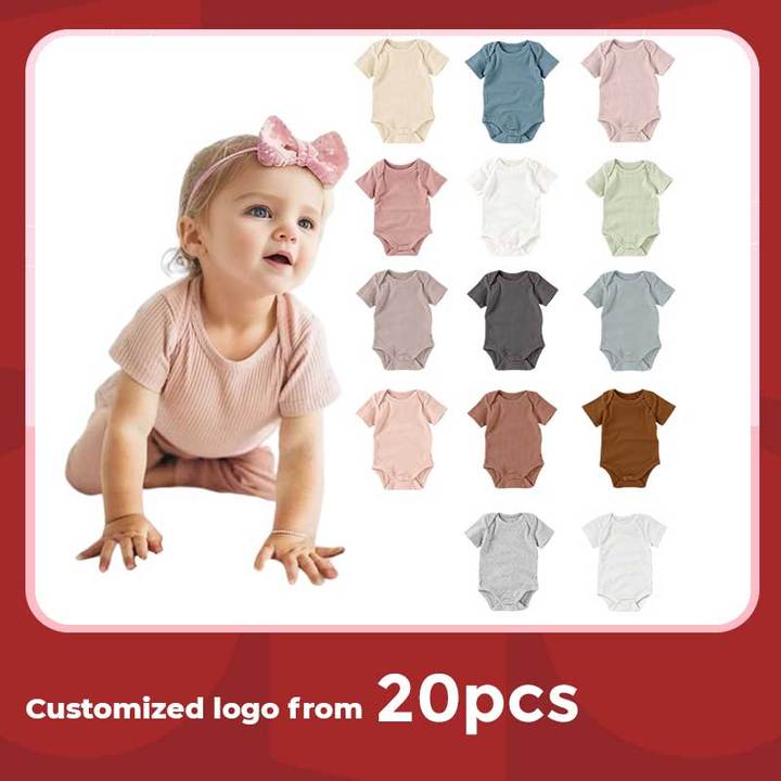 Customized logo From 20pcs Envelope Short Sleeve Snap Ribbed Organic Cotton Baby Unisex Romper Baby Bodysuit