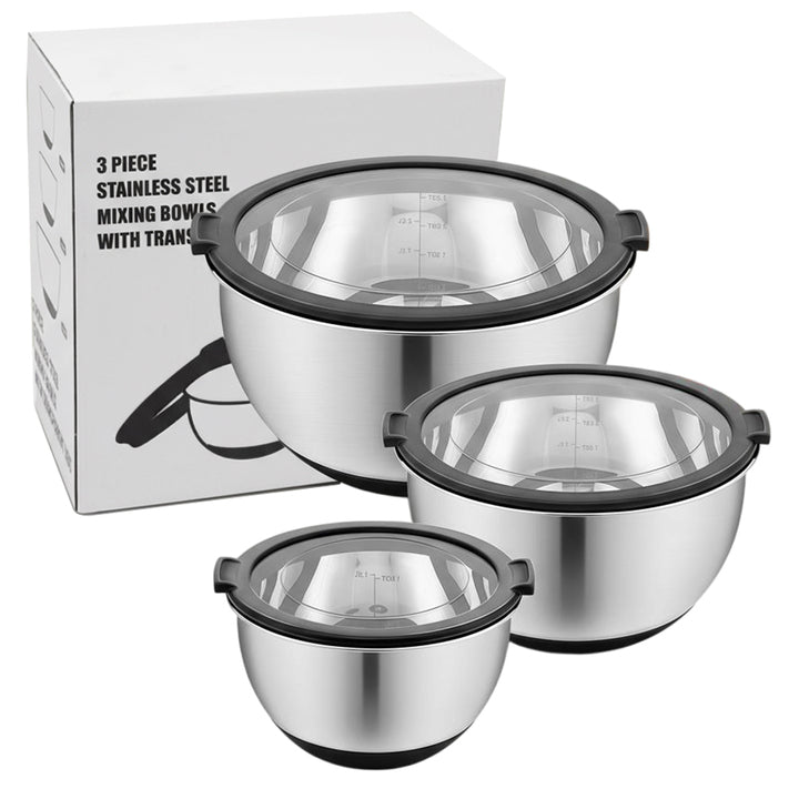 Factory Direct 1.5qt 3qt 5qt Mixing Bowl Set 3 Piece Lids Non Slip Silicone Base Transparent Cover Stainless Steel Salad Bowls